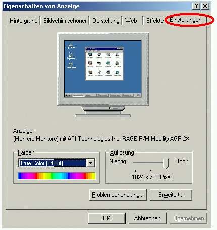 Eigenschaftsfenster der Desktops