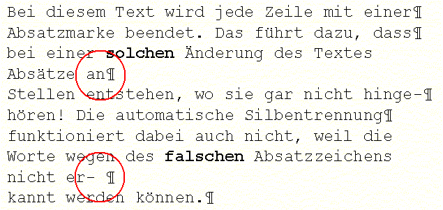 Geänderter Text mit den alten Absatzmarkierungen an jedem Zeilenende